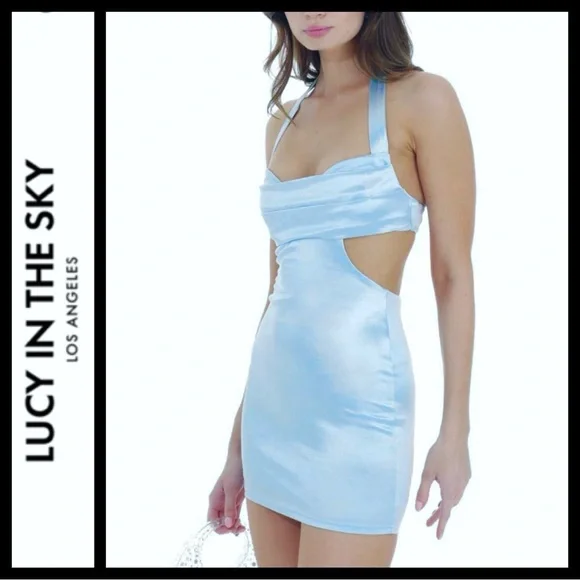 NWT Lucy in the Sky Blue Satin Cutout Bodycon Dress - Picture 4 of 10
